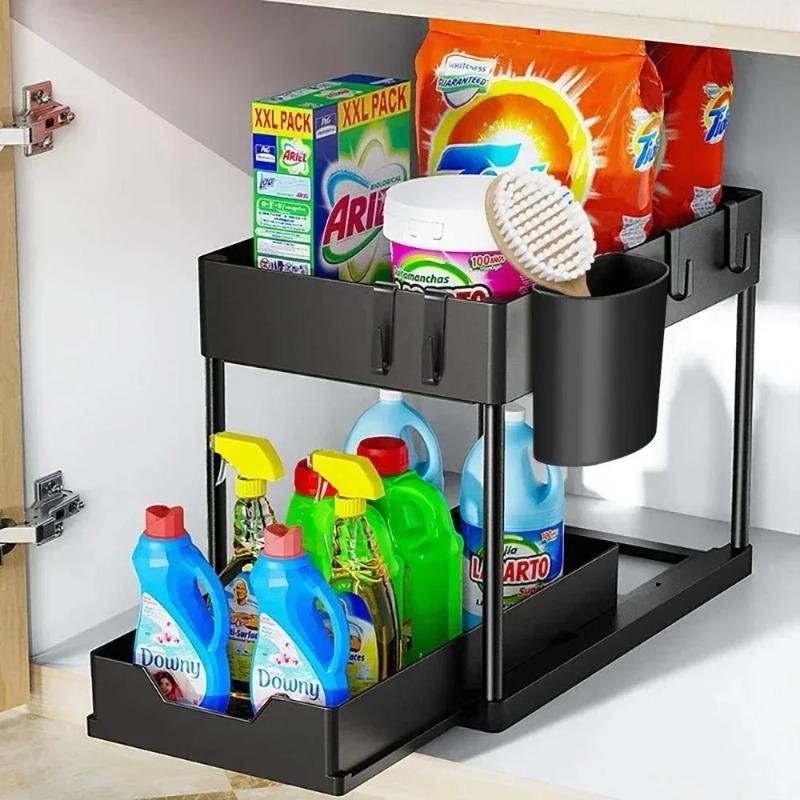 Double-layer Pull-out Kitchen Storage Rack Sliding Cabinet Basket Suitable for Kitchen and Bathroom Countertop Sink Storage