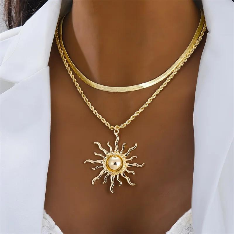 925 Silver Double Layer Sun Pendant Necklace for Women Trendy Bohemia Snake Bone Chain Necklace Party Jewelry Gifts