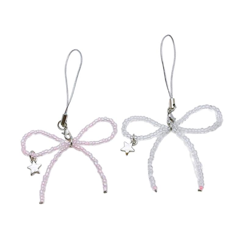 Beaded Bowknot Star Hanging Pendant Sweet Phone Strap Bag Decoration Portable Hanging Lanyard Gift for Girls Women