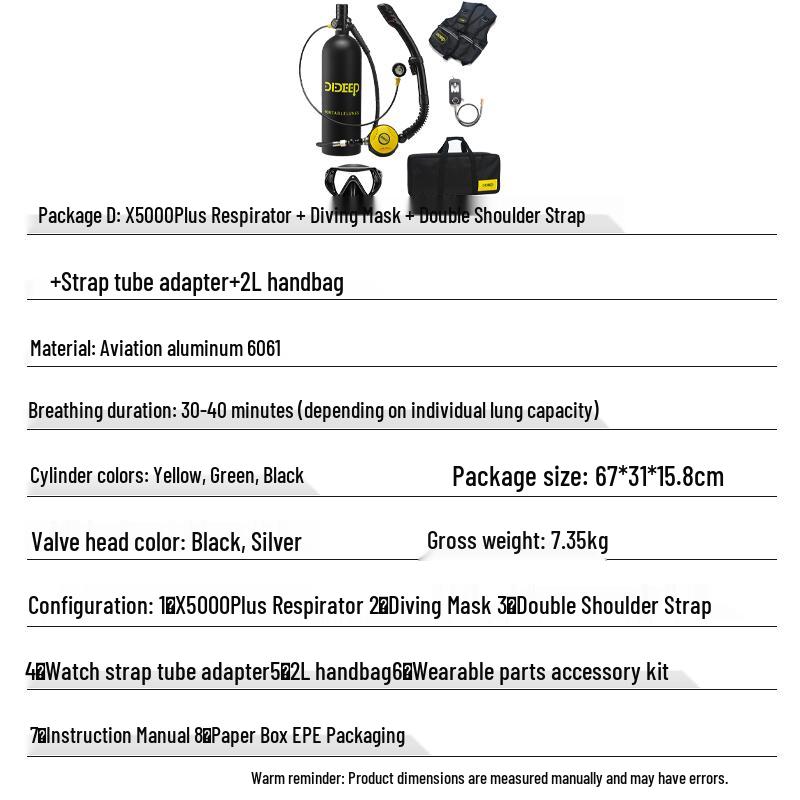 DIDEEP X5000PLus 2L Mini Scuba Diving Oxygen Tank & Respirator System