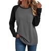 New Women's Crew Neck Long Sleeve Patchwork T-shirt with Pocket, Fashion Casual Top for Women, European & American Style Cross-border Apparel