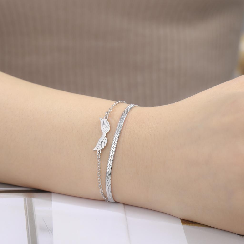 Angel Wing Charm Bracelet for Women Stainless Steel Gold Double Layer Snake Chain Bracelets Trendy Jewelry