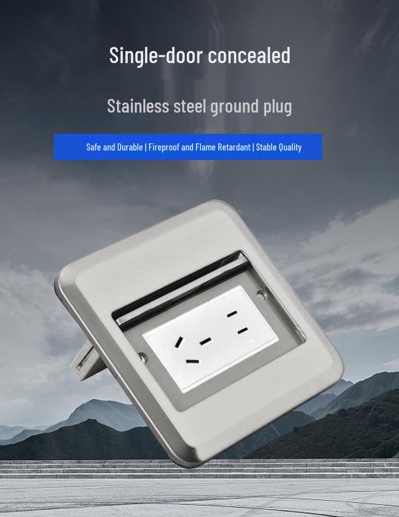 Stainless Steel Waterproof Single-Door Concealed Floor Socket with Copper Five-Hole Plug