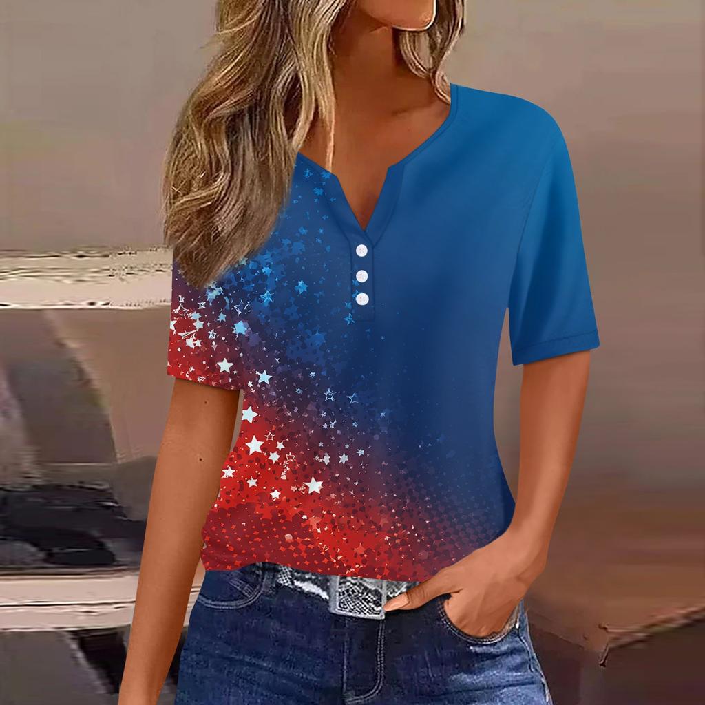 Women's T Shirt Independence Day Print Button Short Sleeve Daily Weekend Fashion Basic V- Neck Regular Top