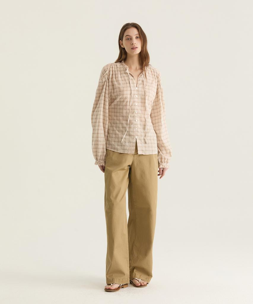 Oteumilkape Check Frill Tie Blouse - Beige