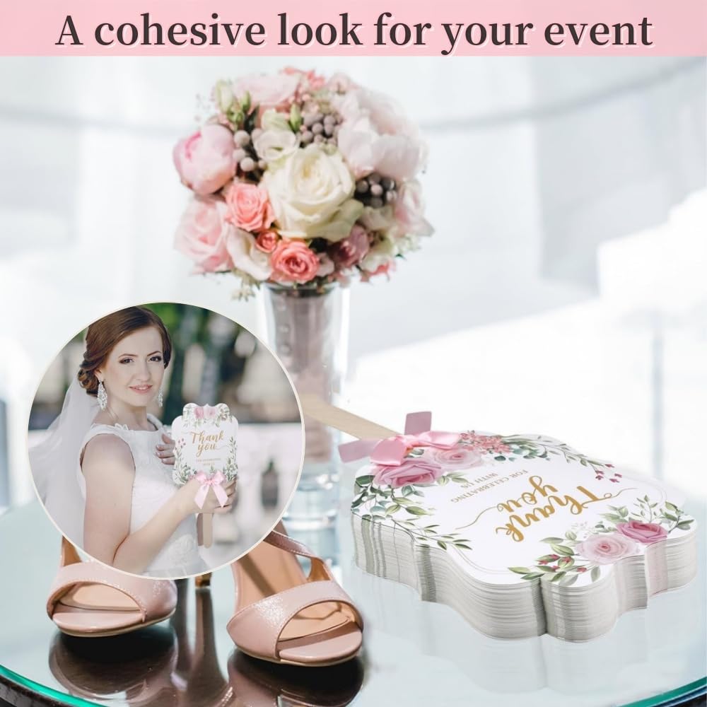 50 Evantaie de Nuntă pentru Evantaie de Mână Personalizate Florale Roz cu Mâner Elegant din Lemn Weeding Petrecere de Nuntă Esențiale pentru Petrecerea Miresei Oaspeți, Evantaie, Vrac,