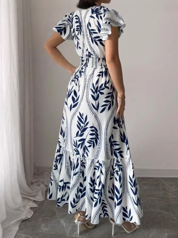 2026 Spring/Summer V-neck Printed Ruffled Slimming Long Dress