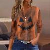Women's Fashion Button-Up V-Neck Three-Quarter Sleeve Halloween Print Top