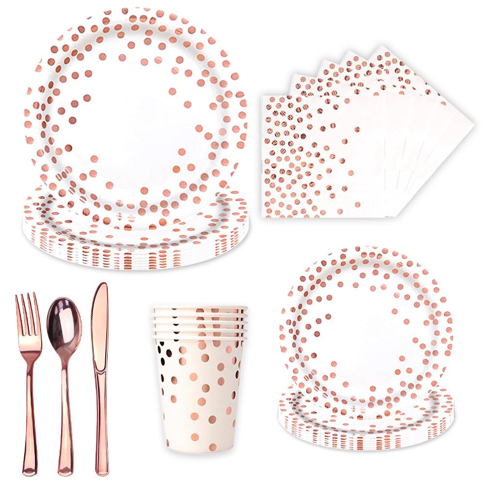 White Hot Stamping Rose Gold Polka Dot Disposable Birthday Paper Plates Set