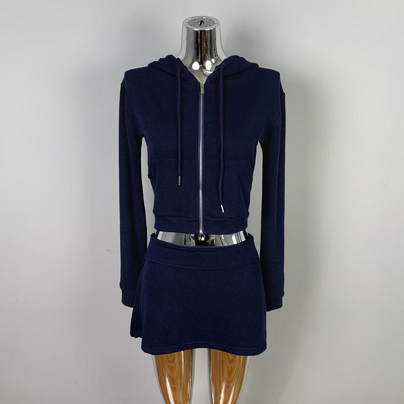 Korean Slim Sexy Cropped Hooded Cardigan & Low-Rise Skirt Set for Women