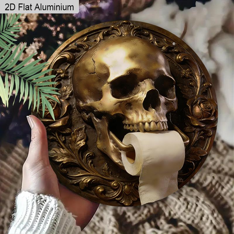 2D Flat Aluminum Gothic Black Skull Bathroom Sign Metal Wall Decor, Guest Bathroom Hanging Sign Decor Farmhouse Wall Decoration Sign for Toilet