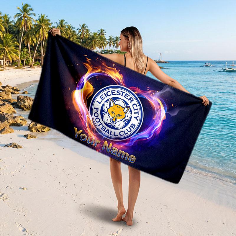 Leicester City Custom Beach Towel, Personalized Name Text Print, Football Logo Soft Quick‑Dry Towel Holiday Gift