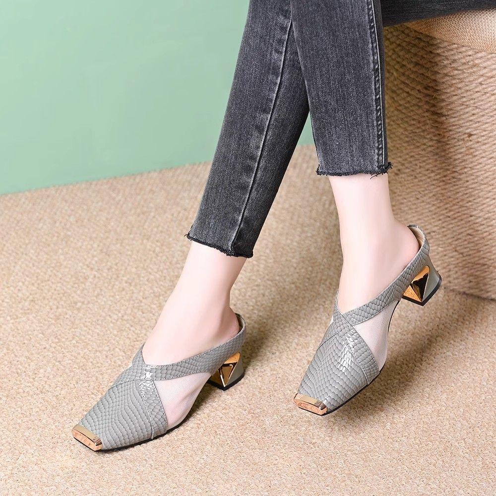 Baotou half slippers women's summer new fashion sandals women's iron head thick heel comfortable square head sandals women