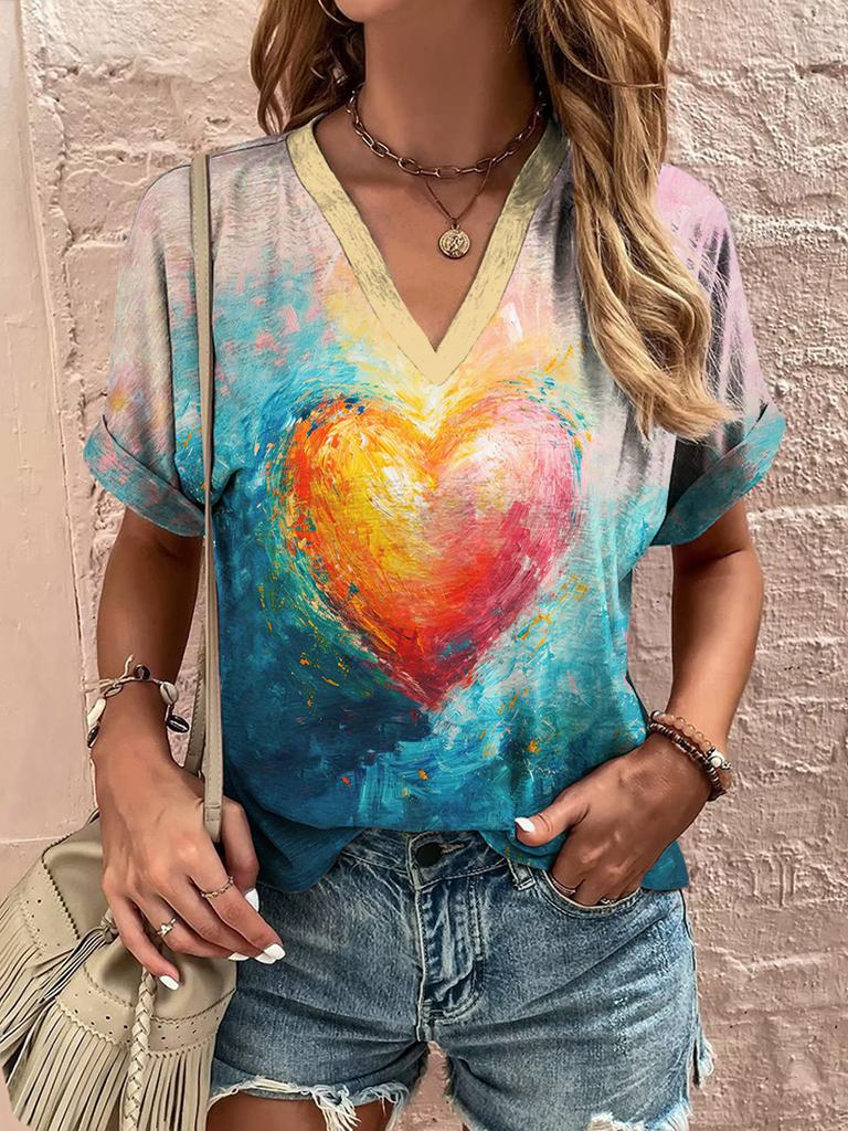 2025 New Summer Women's V-Neck T-Shirt Outdoor Casual Short Sleeve Tops Fashion Love Style Pattern OverSize Women's Clothing