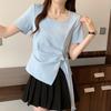 Irregular summer bottoming shirt large size women's short drawstring T-shirt short sleeve T-shirt round neck niche v-neck strap French