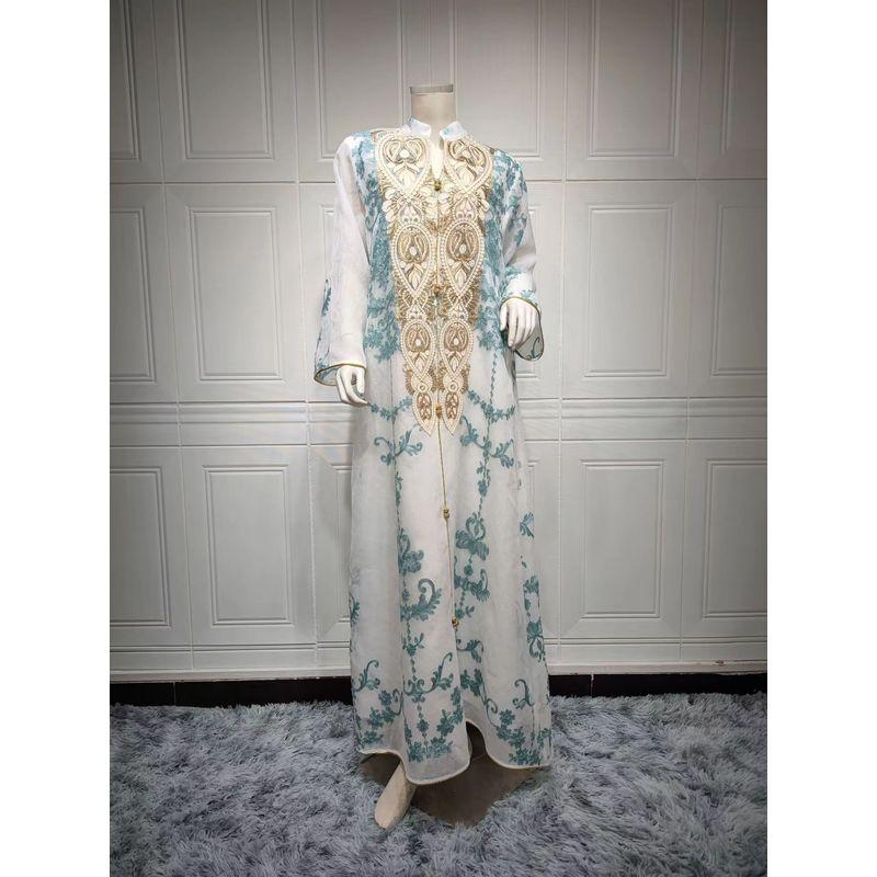 

New European and American Elegant Stand Collar Embroidered Dress Party Evening dress Embroidered Party Dress White L