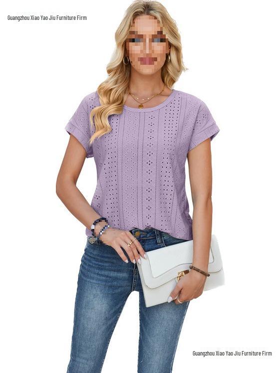 Spring & Summer Women's Loose Round Neck Eyelet Lace T-shirt