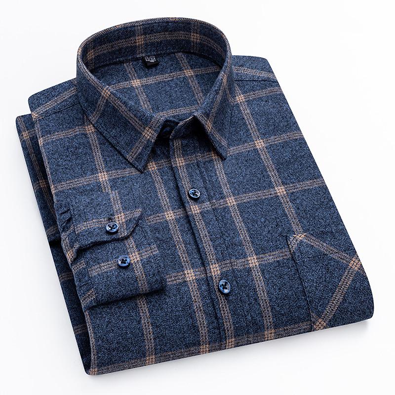 Oversized S~6XL Men's Plaid Shirt Long Sleeve Autumn Spring Soft Standard Fit 100% Cotton Brushed Outerwear Casual Man Clothing
