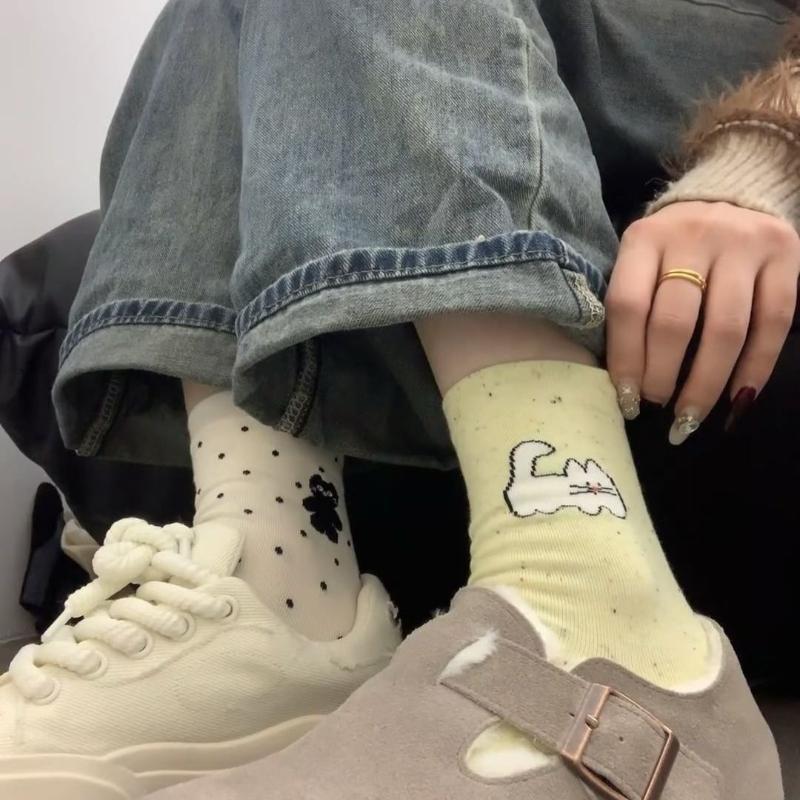 Cute Cat Socks for Women Trendy Soft Breathable Mid-tube Socks Korean Style Cartoon Student Socks