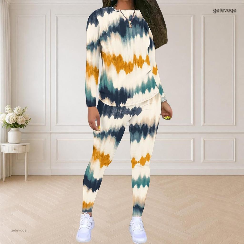 Women Plus Size Two Piece Set Round Neck Long Sleeve Printed Top And Fitted Pants