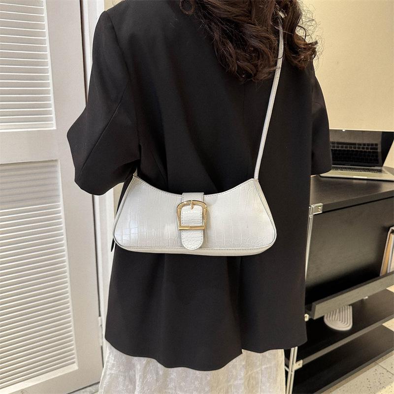 

2026 Trendy White French Texture Underarm Handbag for Women - Solid Color Baguette Style