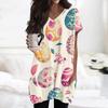 Womens Tops V-neck Short Sleeve Blouses Casual Mid-length Shirts Fashion Print Tunic Tops With Pockets