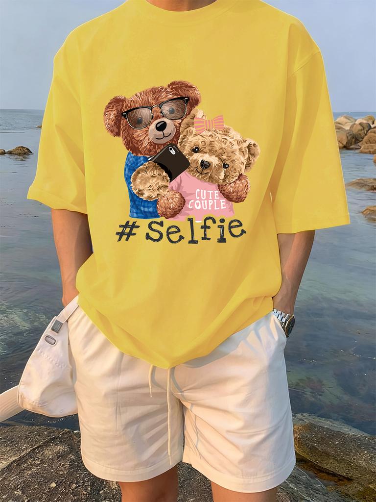 Cute Couple Bears Selfie Printing TShirts Womens Summer Cotton Short Sleeve Tees Loose ONeck Comfortable Tops Casual Clothes