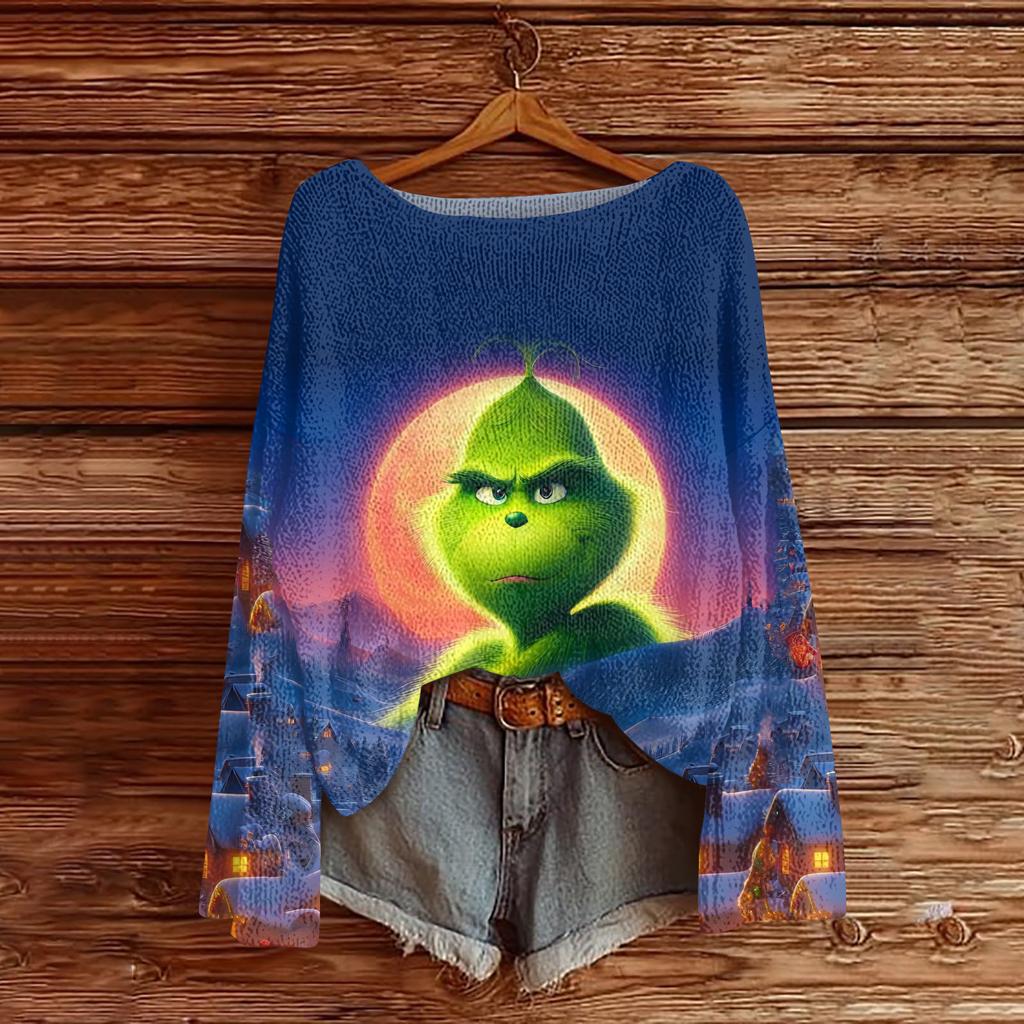 Women's Fashion Round Neck Long Sleeve Christmas Print Casual Knit Pullover Top