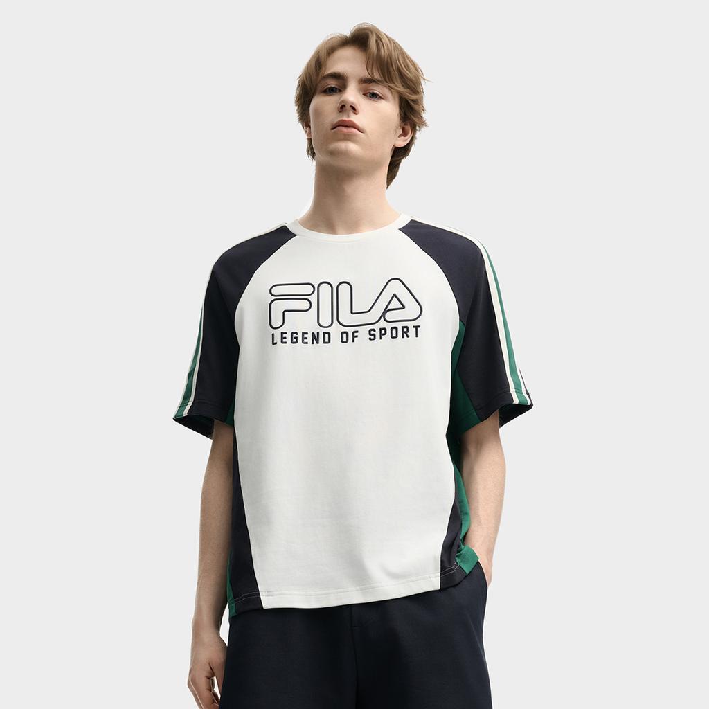FILA Original Retro Fashion Casual Comfortable Versatile Knitted Short Sleeve T-Shirt Men Tops Cloud-Mushroom-White F11M539120FWT