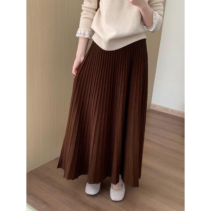Pleated Skirt Women High Waist Slim Vintage A-Line Skirt New Autumn Winter Simple Classic Warm Female Knit Long Skirt