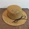 Women's Straw Sun Hat Breathable Flat Top Summer Sun Cap with Brown Ribbon Bow UV Protection Beach Hat for Outdoor Travel