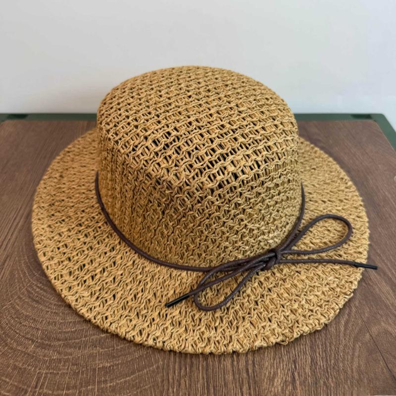 Women's Straw Sun Hat Breathable Flat Top Summer Sun Cap with Brown Ribbon Bow UV Protection Beach Hat for Outdoor Travel