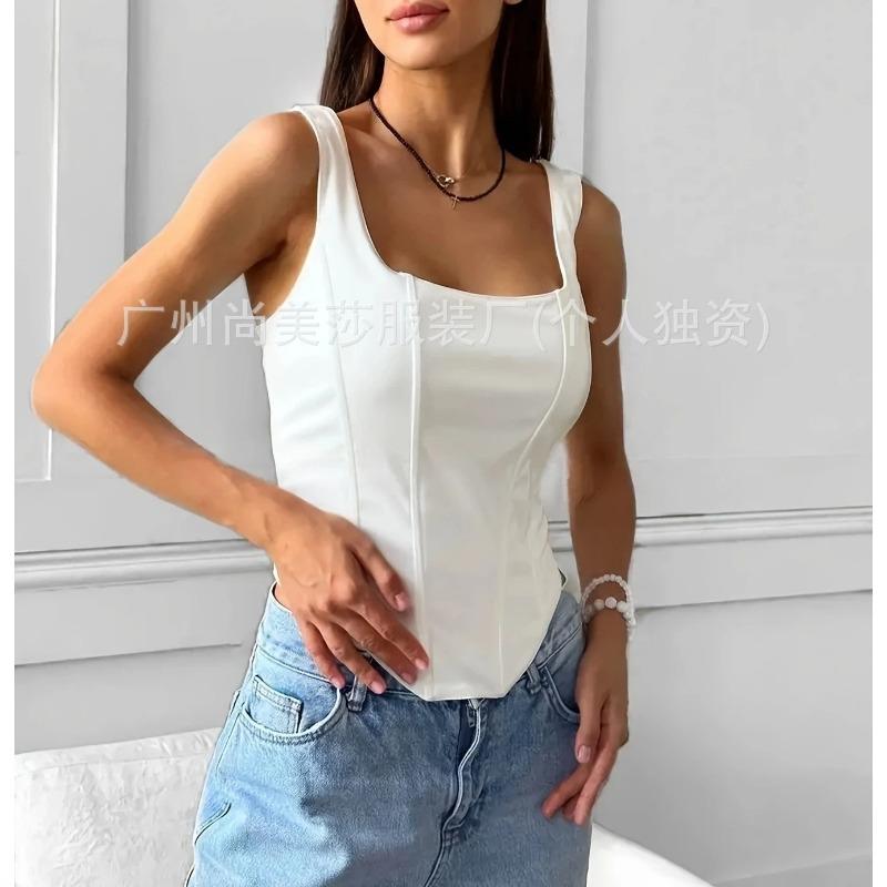 Top Corto Corsetto Bianco da Donna con Scollo Quadrato Bustier Strutturato Spalline Sottili