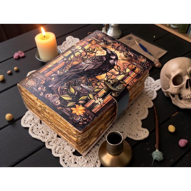 Raven Leather Grimoire Journal – Gothic Spellbook, Witchcraft Notebook