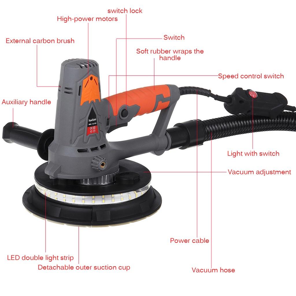 Grinding Wall Putty Polisher Machine Drywall Sander with Dust Clooect Bag and LED Light Portable Wall Polishing Machine 360°LED strip 1250W