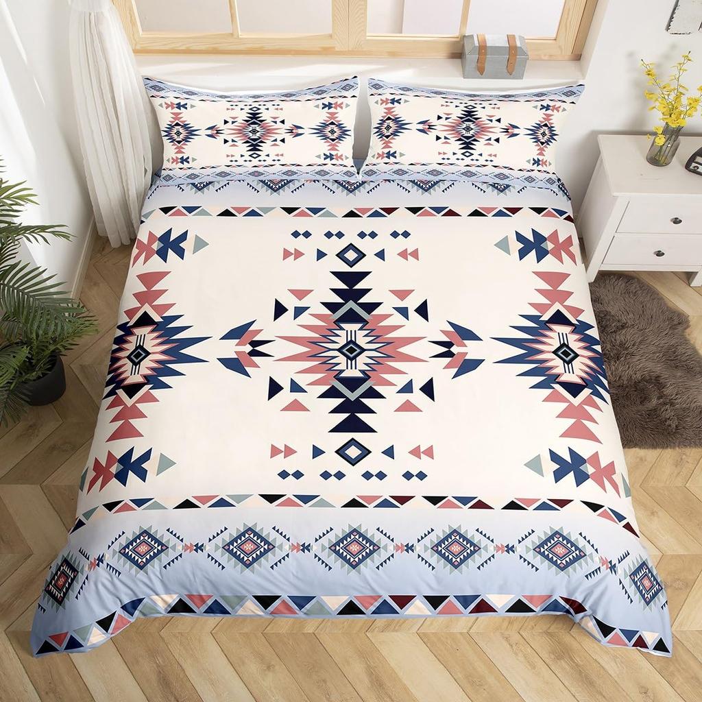 Geometric Aztec Duvet Cover Twin Queen Size,Horseshoe Cactus Western Cowboy Bedding Set,Southwest Rustic Farmhouse Quilt Cover