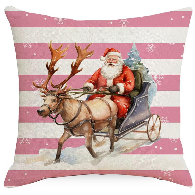1pc Pink Christmas Cushion Cover  Snowman Deer Pine Printed Washable Cover for Home Ornament Xmas New Year Christmas Decoration