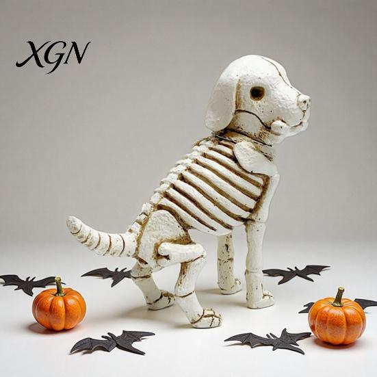 Weather Resistant Garden Statues Skull Puppy Resin Figurine, Halloween Retro Skeleton Dog Statue, Aged Sculptures Gothic Desktop Ornament for Bars And