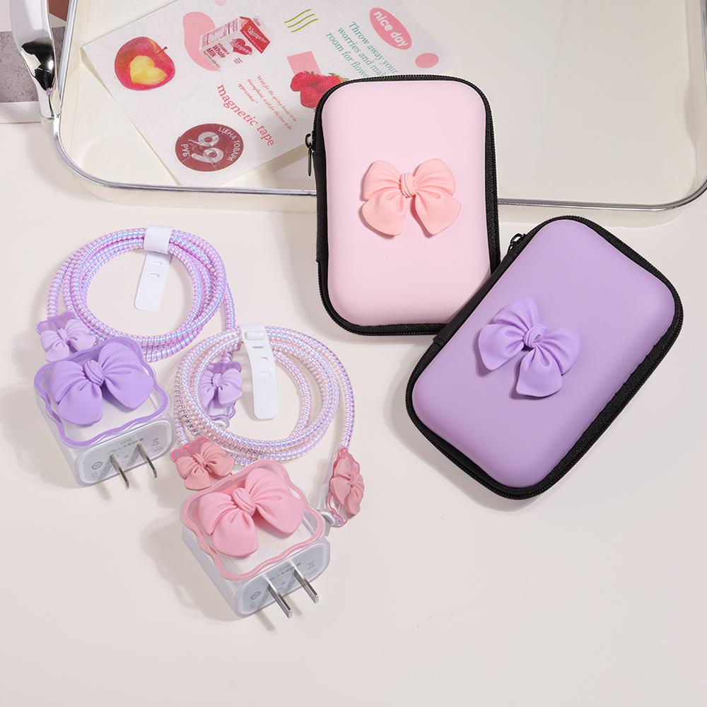 Korea Cute 3D Love Heart+EVA Storage Bag Set Charger Cover For iPhone 11 12 13 14 15 16 Pro Max 18W-20W Charge Protection Sleeve
