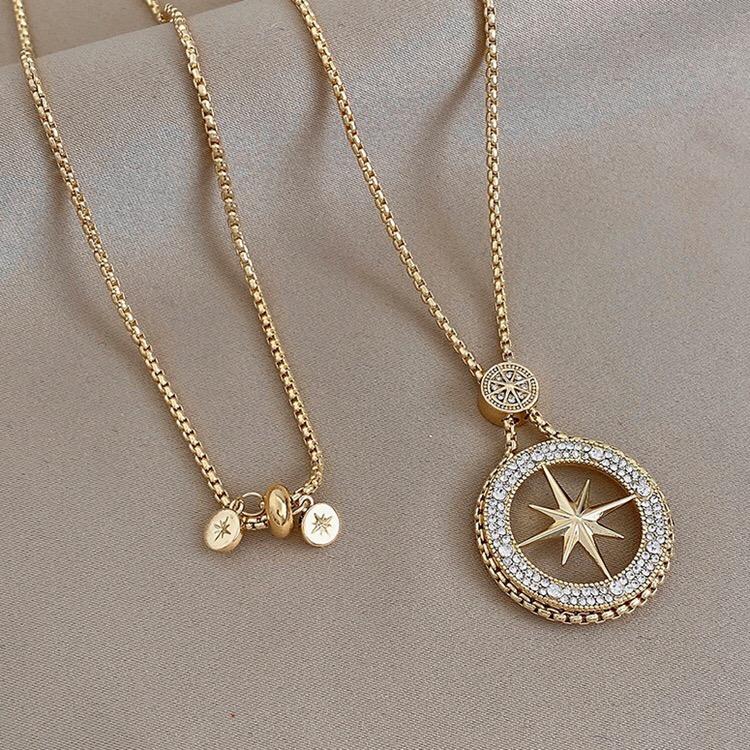 

Fashion Zircon North Star Necklaces Women Jewelry Gold Round Eight Pointed Star Charms Pendant Birthday Party Chains Gift about 64cm золотой