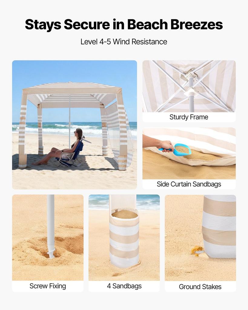 Tenda de Praia, Toldo de Praia 2,4 x 2,4 m com Parede Lateral, Proteção UPF 50+, Tenda Cabana de Montagem Fácil com Bolsos para Areia, Altura Ajustável, Sombra Portátil