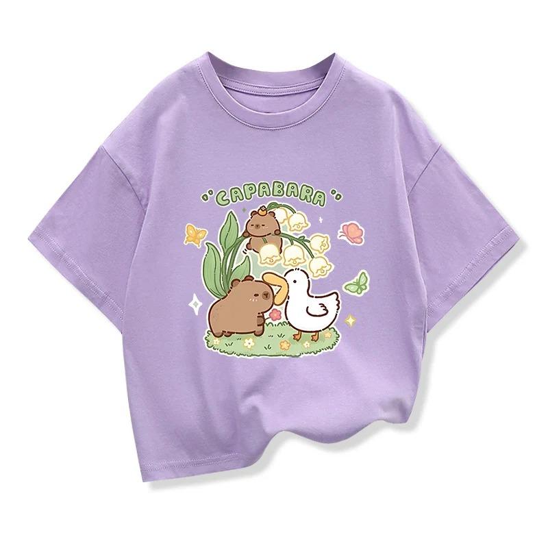 Capybara Print 100Cotton Tshirt For Kids 312Years Girl Anime Short Sleeve Tees Tops 2025 New Children Crewneck Loose Tshirt