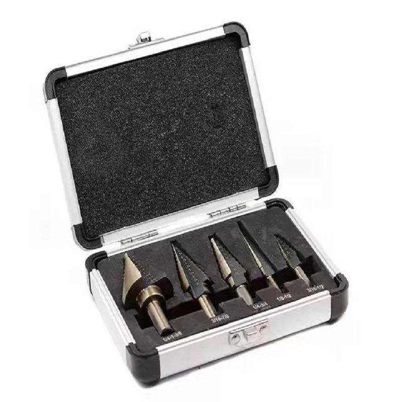 6-Piece Tapered Reamer Set with Titanium & Zinc Plating In Aluminum Box for Center Positioning, Drill, Iron, and Stainless Steel.