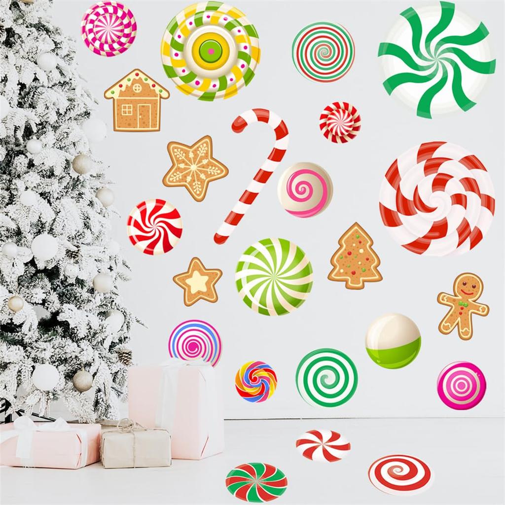 Christmas Wall Candy Cane and Gingerbread Candy Christmas Removable Wallpaper for Home Living Wall Paper Stickers, Pattern, Stylish, Colorful, Round,