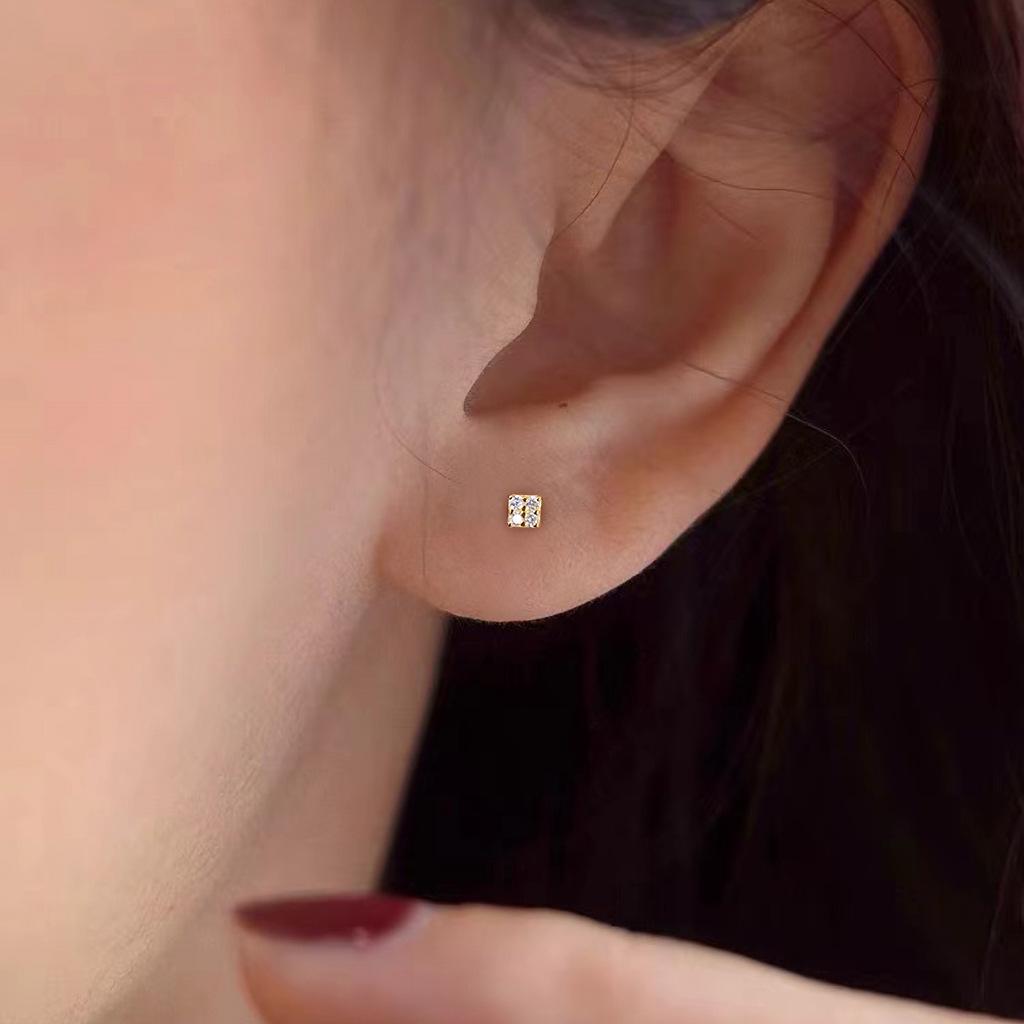 999 Sterling Silver Square Zircon Stud Earrings, Screw Back Ball Earrings Simple Jewelry for Women Elegant Daily Accessory