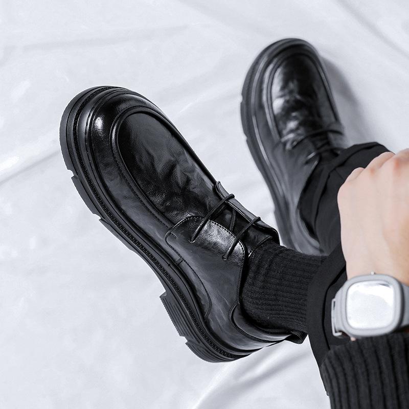 2025 big head leather shoes men's popular business men's shoes British feet wide platform casual shoes 91833-R black