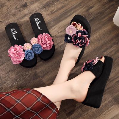 Large Size High Heel One-word Drag Women's Non-slip Fashion Beach Shoes Cool Slippers Flower Sandals