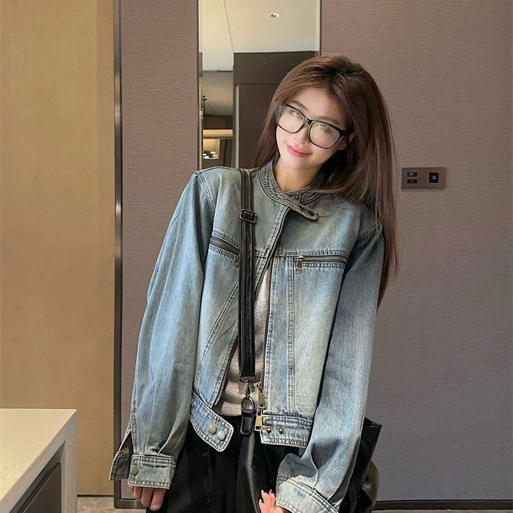 American Vintage Washed Denim Jacket Short Stand Collar Zip Up Loose Fit Spring Autumn Casual