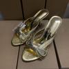 Ins style Gold Bowknot Women Slippers Sandals Elegant Stiletto High heels Chic Mules Slides Summer Party Dress Shoes