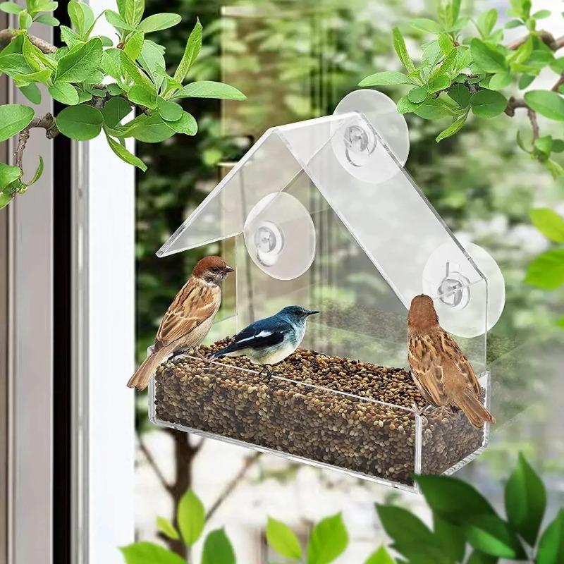 Acrylic Bird Feeder Window Apartment Hanging Bird Feeder with Suction Cup Removable Suction Cup Sliding Feed Tray Parrot Cage